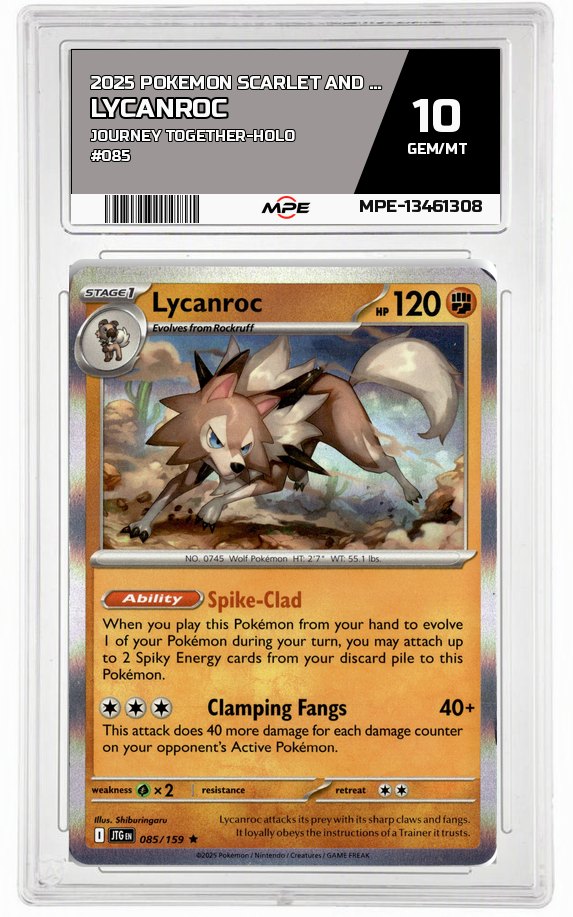 2025 POKEMON SCARLET AND VIOLET JOURNEY TOGETHER-HOLO #085 Lycanroc MPE 10 GEM/MT — graded card auctioned from the MPE vault
