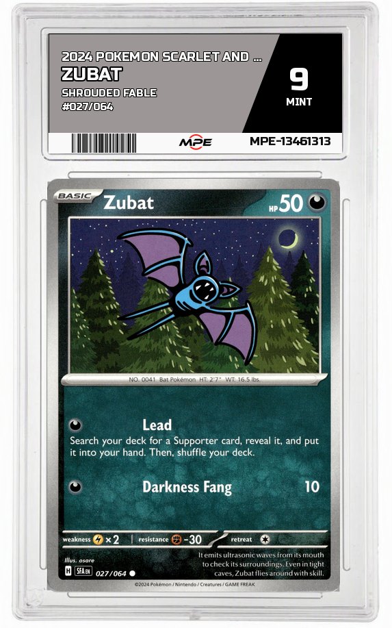 2024 POKEMON SCARLET AND VIOLET SHROUDED FABLE #027/064 Zubat MPE 9 MINT — graded card auctioned from the MPE vault