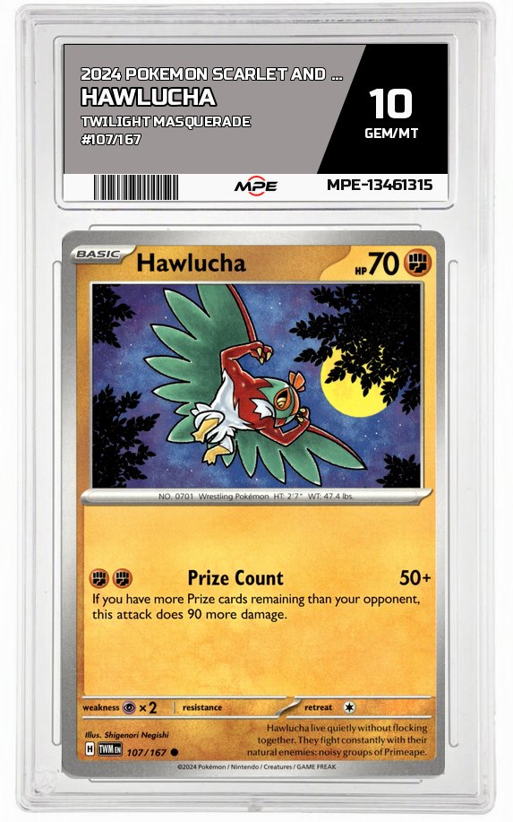 2024 POKEMON SCARLET AND VIOLET TWILIGHT MASQUERADE #107/167 Hawlucha MPE 10 GEM/MT — graded card auctioned from the MPE vault