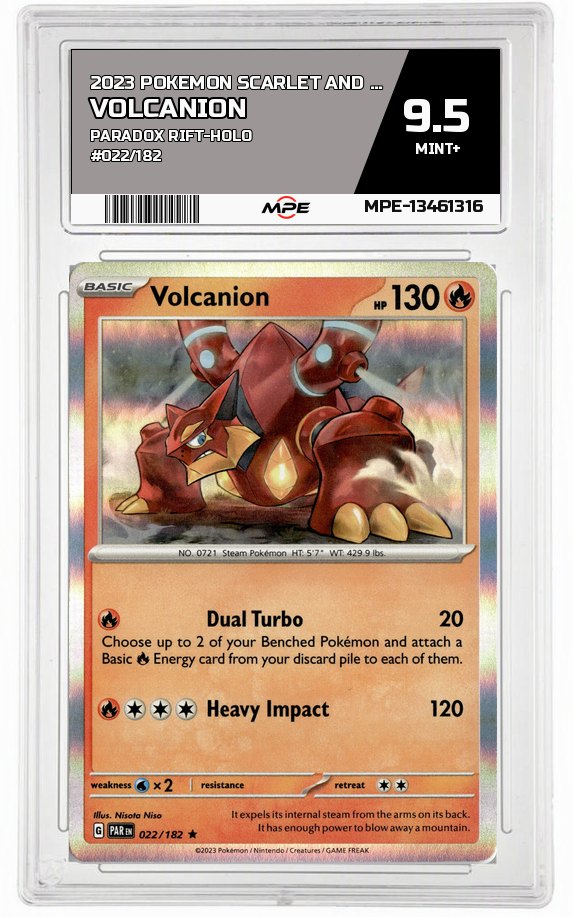 2023 POKEMON SCARLET AND VIOLET PARADOX RIFT-Holo #022/182 Volcanion MPE 9.5 MINT+ — graded card auctioned from the MPE vault