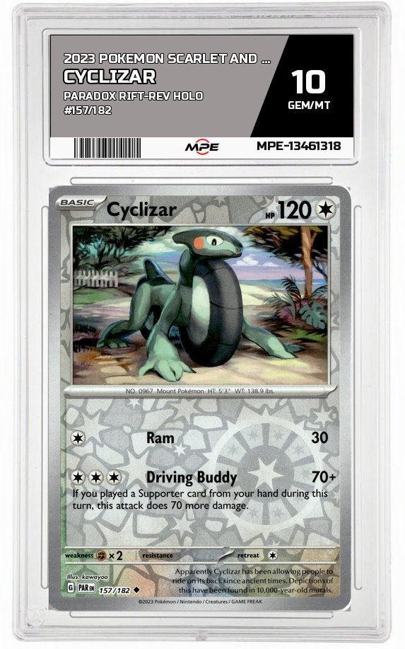 2023 POKEMON SCARLET AND VIOLET PARADOX RIFT-REV HOLO #157/182 Cyclizar MPE 10 GEM/MT — graded card auctioned from the MPE vault