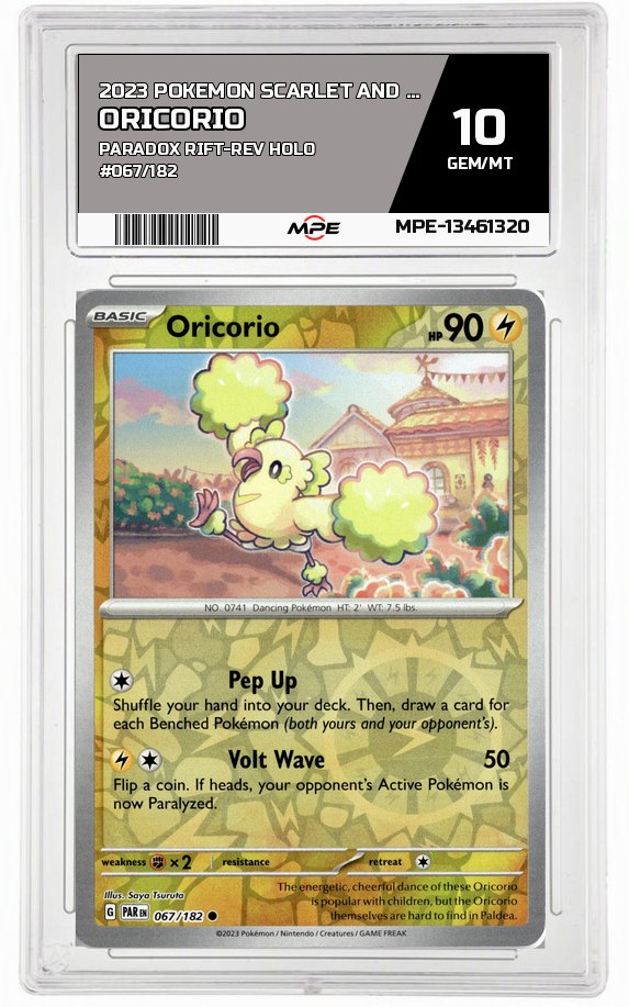 2023 POKEMON SCARLET AND VIOLET PARADOX RIFT-REV HOLO #067/182 Oricorio MPE 10 GEM/MT — graded card auctioned from the MPE vault