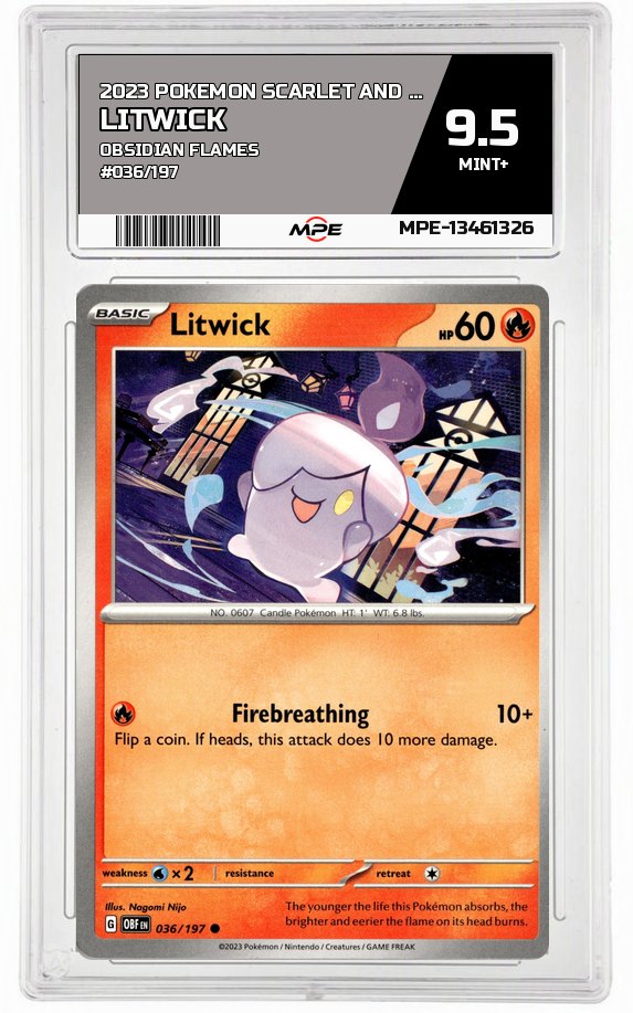 2023 POKEMON SCARLET AND VIOLET OBSIDIAN FLAMES #036/197 Litwick MPE 9.5 MINT+ — graded card auctioned from the MPE vault