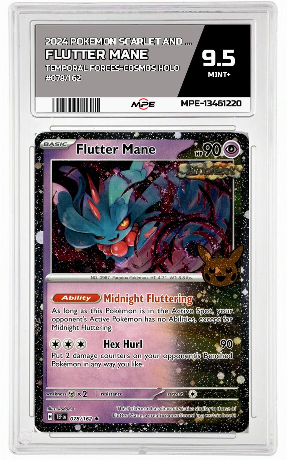 2024 POKEMON SCARLET AND VIOLET TEMPORAL FORCES-COSMOS HOLO #078/162 Flutter Mane MPE 9.5 MINT+ — graded card auctioned from the MPE vault