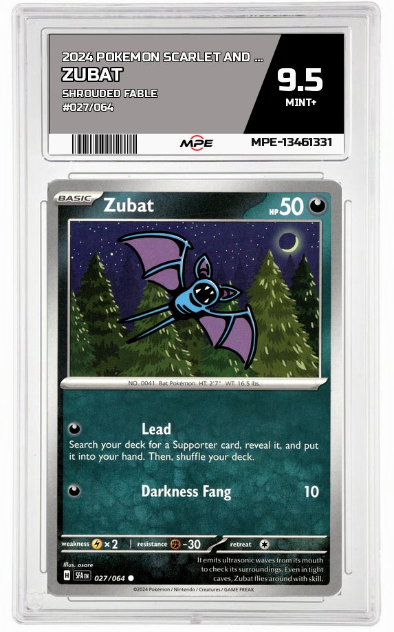 2024 POKEMON SCARLET AND VIOLET SHROUDED FABLE #027/064 Zubat MPE 9.5 MINT+ — graded card auctioned from the MPE vault
