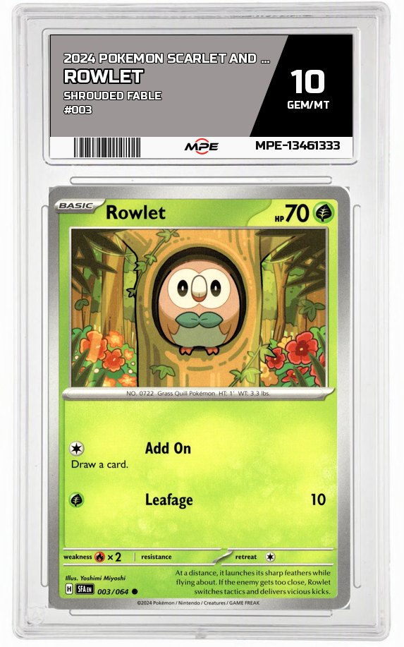 2024 POKEMON SCARLET AND VIOLET SHROUDED FABLE #003 ROWLET MPE 10 GEM/MT — graded card auctioned from the MPE vault