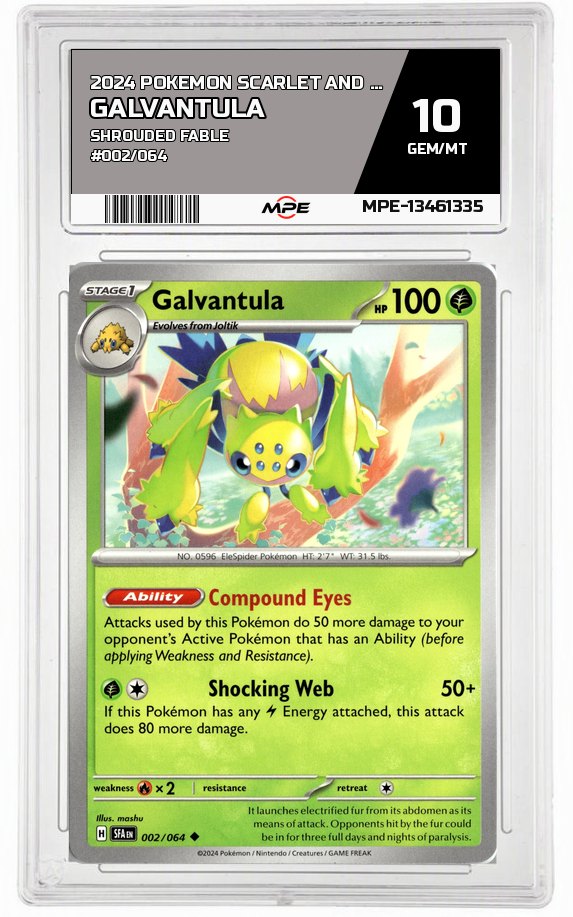 2024 POKEMON SCARLET AND VIOLET SHROUDED FABLE #002/064 Galvantula MPE 10 GEM/MT — graded card auctioned from the MPE vault
