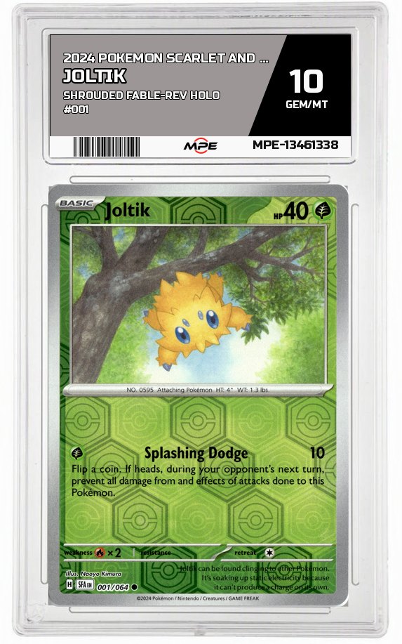 2024 POKEMON SCARLET AND VIOLET SHROUDED FABLE-REV HOLO #001 Joltik MPE 10 GEM/MT — graded card auctioned from the MPE vault