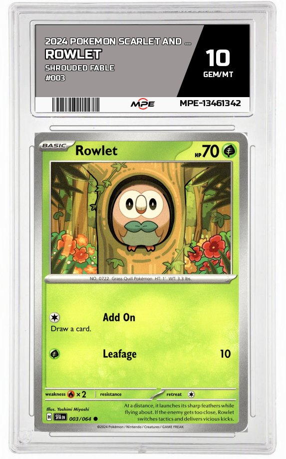 2024 POKEMON SCARLET AND VIOLET SHROUDED FABLE #003 ROWLET MPE 10 GEM/MT — graded card auctioned from the MPE vault