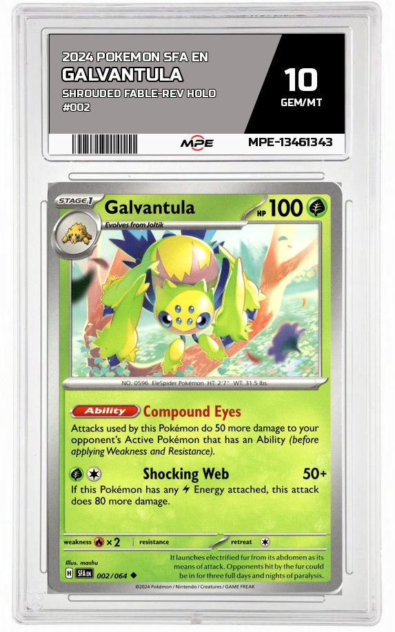 2024 POKEMON SFA EN SHROUDED FABLE-REV HOLO #002 GALVANTULA MPE 10 GEM/MT — graded card auctioned from the MPE vault
