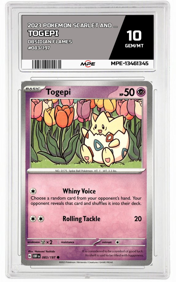 2023 POKEMON SCARLET AND VIOLET OBSIDIAN FLAMES #083/197 Togepi MPE 10 GEM/MT — graded card auctioned from the MPE vault