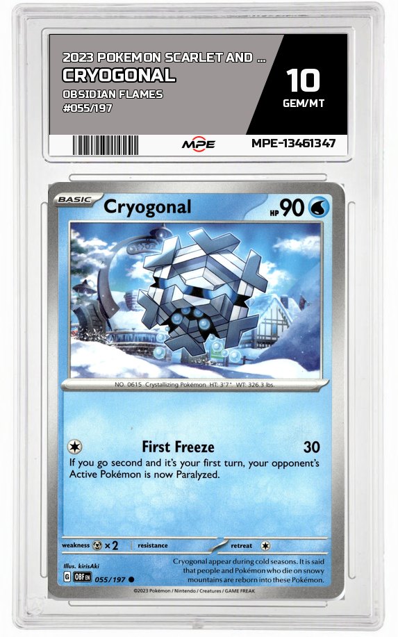 2023 POKEMON SCARLET AND VIOLET OBSIDIAN FLAMES #055/197 Cryogonal MPE 10 GEM/MT — graded card auctioned from the MPE vault