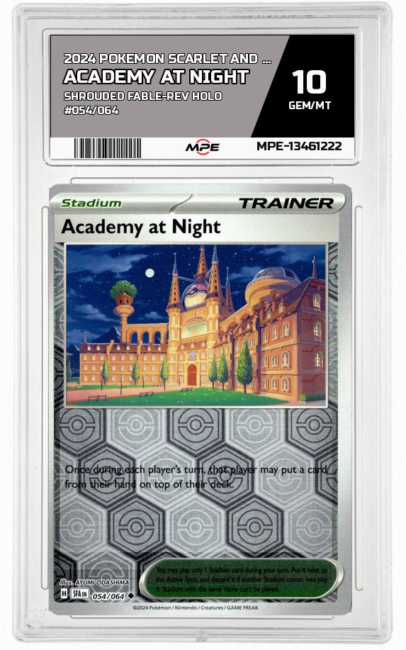 2024 POKEMON SCARLET AND VIOLET SHROUDED FABLE-rev holo #054/064 Academy at Night MPE 10 GEM/MT — graded card auctioned from the MPE vault