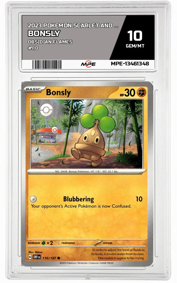 2023 POKEMON SCARLET AND VIOLET OBSIDIAN FLAMES #110 BONSLY MPE 10 GEM/MT — graded card auctioned from the MPE vault