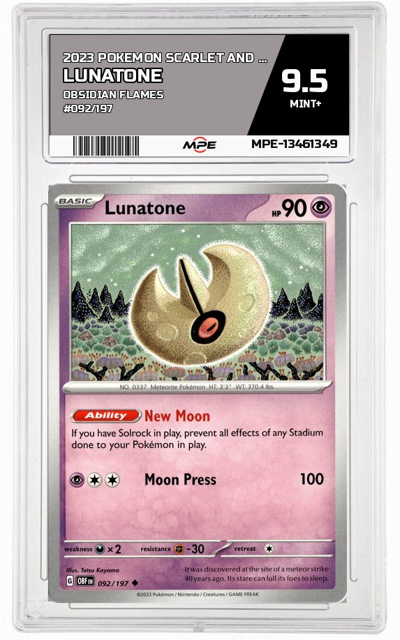 2023 POKEMON SCARLET AND VIOLET OBSIDIAN FLAMES #092/197 Lunatone MPE 9.5 MINT+ — graded card auctioned from the MPE vault