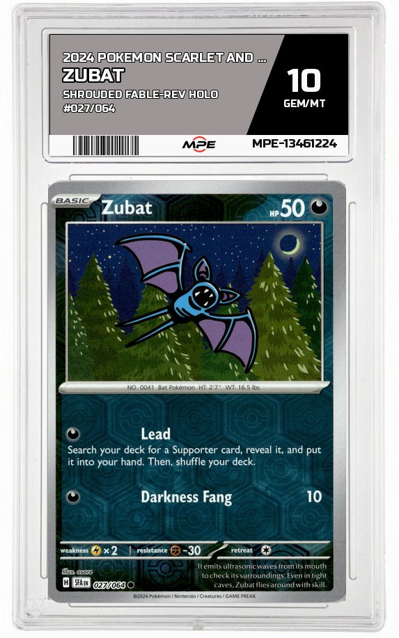 2024 POKEMON SCARLET AND VIOLET SHROUDED FABLE-REV HOLO #027/064 Zubat MPE 10 GEM/MT — graded card auctioned from the MPE vault