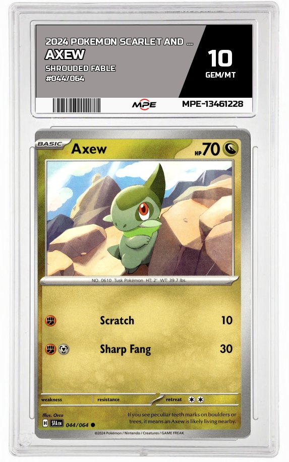 2024 POKEMON SCARLET AND VIOLET SHROUDED FABLE #044/064 Axew MPE 10 GEM/MT — graded card auctioned from the MPE vault