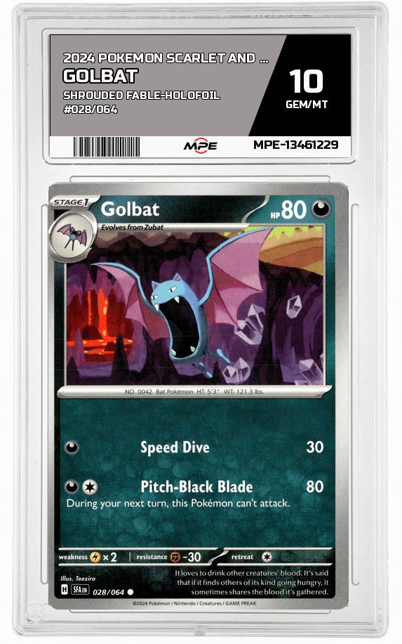 2024 POKEMON SCARLET AND VIOLET SHROUDED FABLE-HOLOFOIL #028/064 Golbat MPE 10 GEM/MT — graded card auctioned from the MPE vault