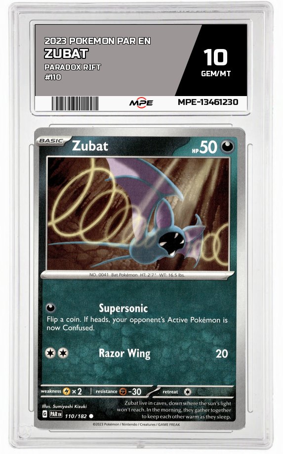 2023 POKEMON PAR EN PARADOX RIFT #110 ZUBAT MPE 10 GEM/MT — graded card auctioned from the MPE vault
