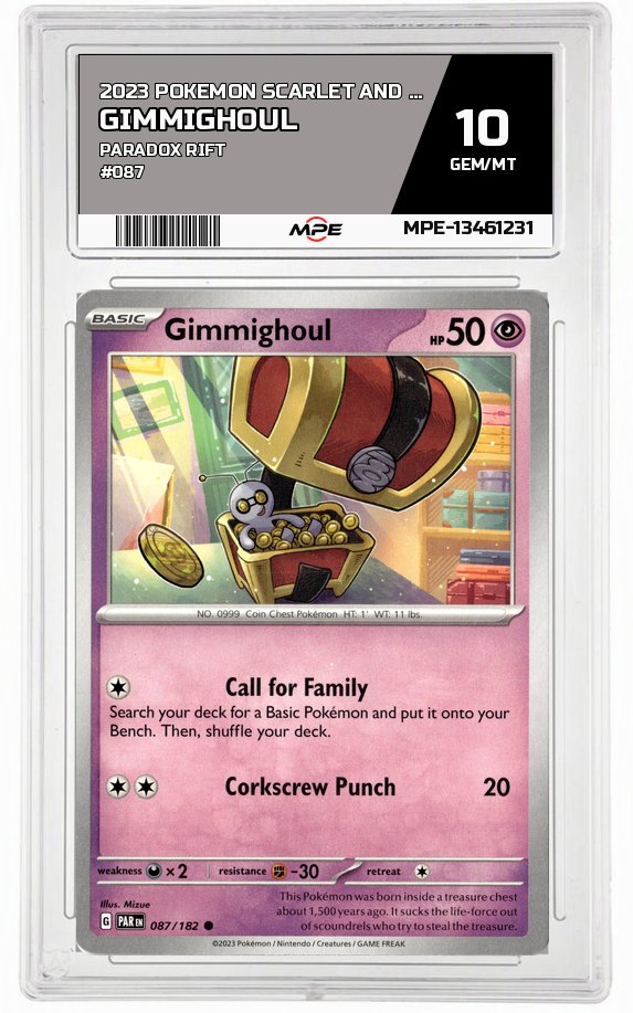 2023 POKEMON SCARLET AND VIOLET PARADOX RIFT #087 Gimmighoul MPE 10 GEM/MT — graded card auctioned from the MPE vault
