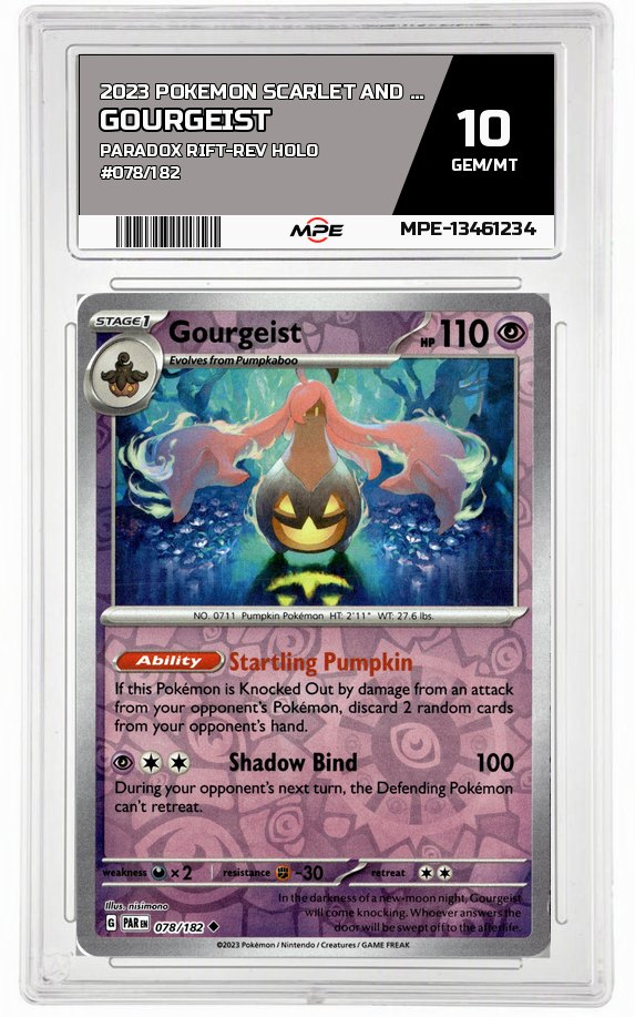 2023 POKEMON SCARLET AND VIOLET PARADOX RIFT-REV HOLO #078/182 Gourgeist MPE 10 GEM/MT — graded card auctioned from the MPE vault