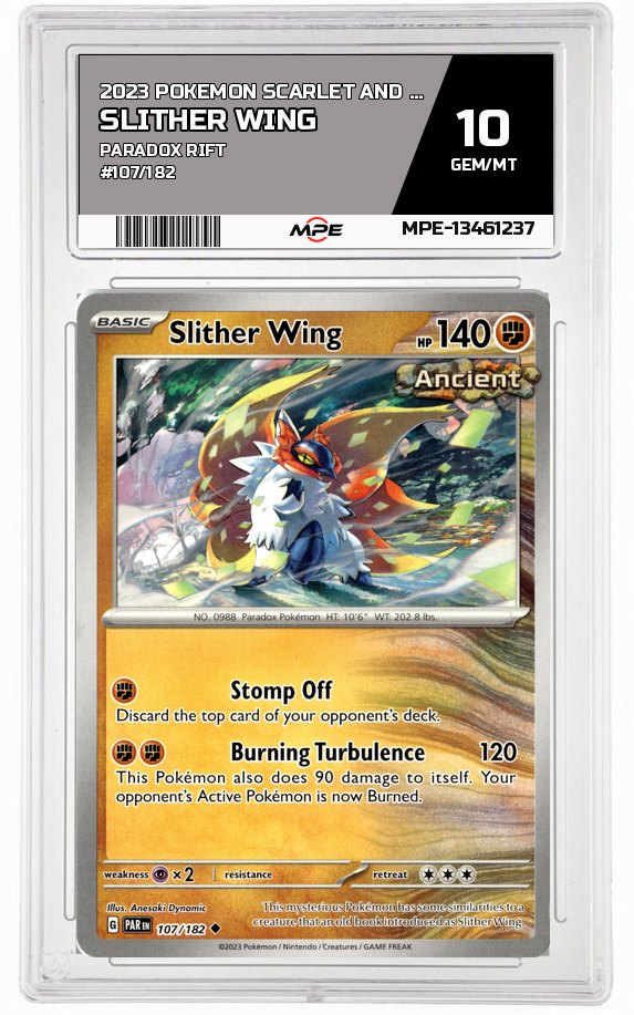 2023 POKEMON SCARLET AND VIOLET PARADOX RIFT #107/182 Slither Wing MPE 10 GEM/MT — graded card auctioned from the MPE vault