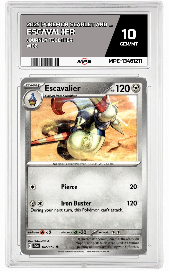 2025 POKEMON SCARLET AND VIOLET JOURNEY TOGETHER #102 ESCAVALIER MPE 10 GEM/MT — graded card auctioned from the MPE vault