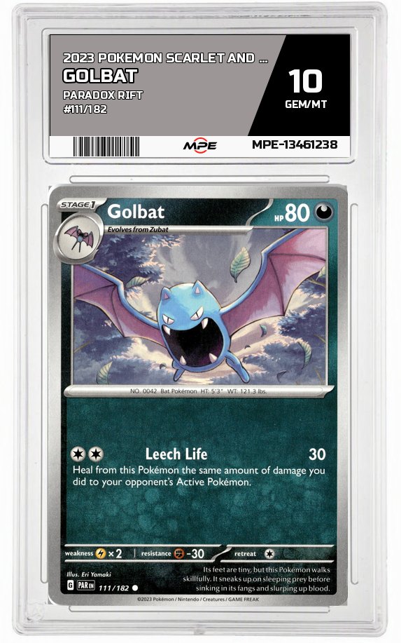 2023 POKEMON SCARLET AND VIOLET PARADOX RIFT #111/182 Golbat MPE 10 GEM/MT — graded card auctioned from the MPE vault