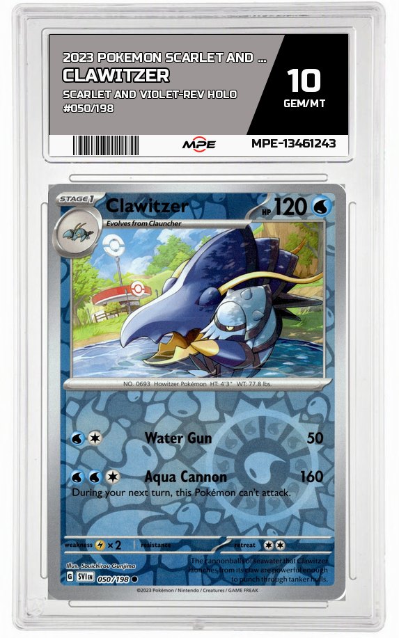 2023 POKEMON SCARLET AND VIOLET SCARLET AND VIOLET-REV HOLO #050/198 Clawitzer MPE 10 GEM/MT — graded card auctioned from the MPE vault