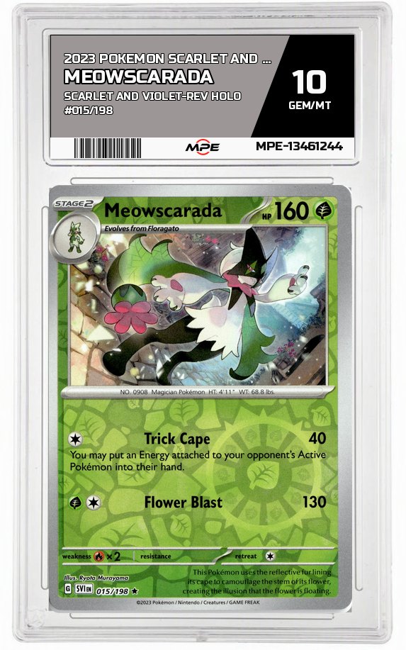 2023 POKEMON SCARLET AND VIOLET SCARLET AND VIOLET-REV HOLO #015/198 Meowscarada MPE 10 GEM/MT — graded card auctioned from the MPE vault