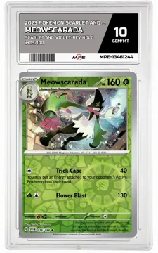 2023 POKEMON SCARLET AND VIOLET SCARLET AND VIOLET-REV HOLO #015/198 Meowscarada MPE 10 GEM/MT — graded card up for auction