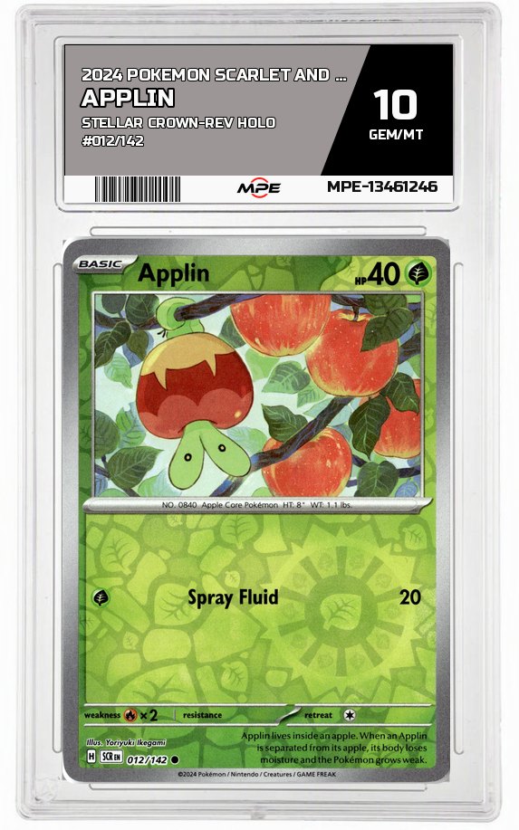 2024 POKEMON SCARLET AND VIOLET STELLAR CROWN-rev holo #012/142 Applin MPE 10 GEM/MT — graded card auctioned from the MPE vault