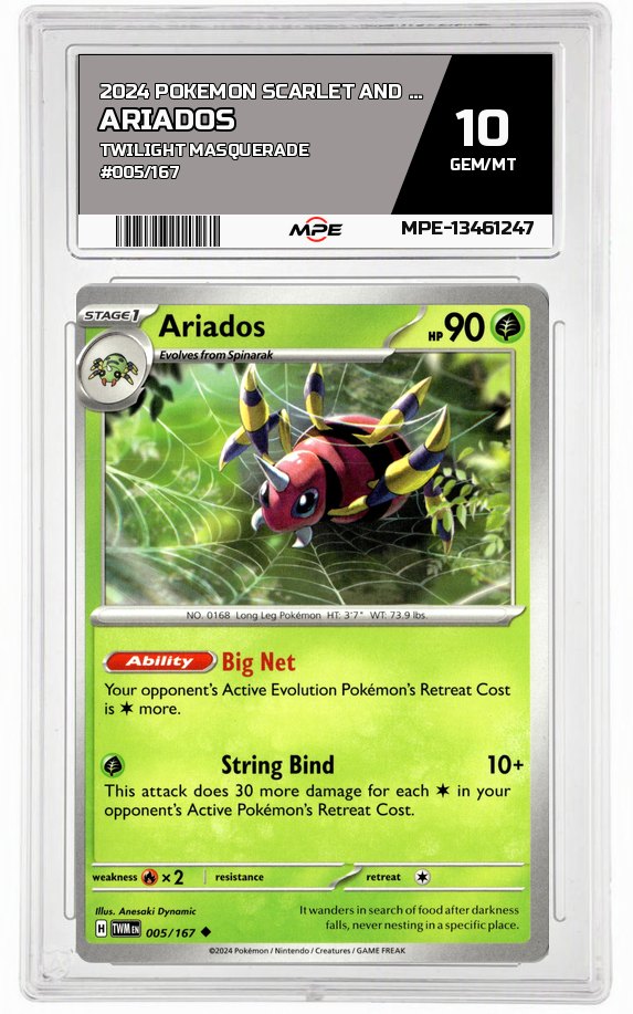 2024 POKEMON SCARLET AND VIOLET TWILIGHT MASQUERADE #005/167 Ariados MPE 10 GEM/MT — graded card auctioned from the MPE vault