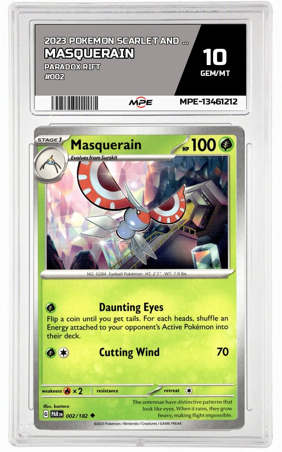 2023 POKEMON SCARLET AND VIOLET PARADOX RIFT #002 MASQUERAIN MPE 10 GEM/MT — graded card auctioned from the MPE vault