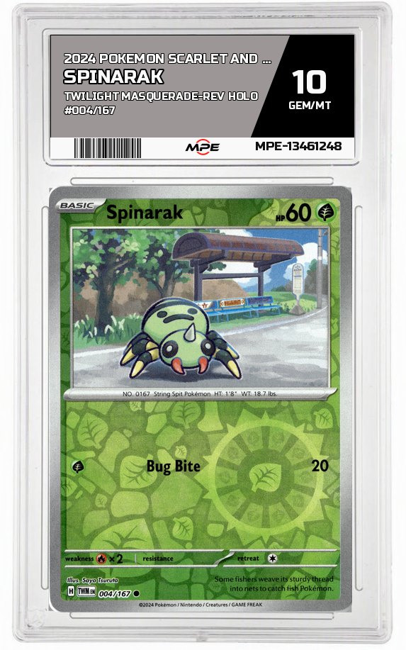 2024 POKEMON SCARLET AND VIOLET TWILIGHT MASQUERADE-REV HOLO #004/167 Spinarak MPE 10 GEM/MT — graded card auctioned from the MPE vault