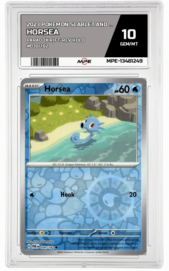 2023 POKEMON SCARLET AND VIOLET PARADOX RIFT-REV HOLO #030/182 Horsea MPE 10 GEM/MT — graded card auctioned from the MPE vault
