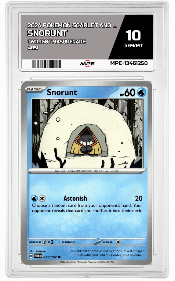 2024 POKEMON SCARLET AND VIOLET TWILIGHT MASQUERADE #051 SNORUNT MPE 10 GEM/MT — graded card auctioned from the MPE vault