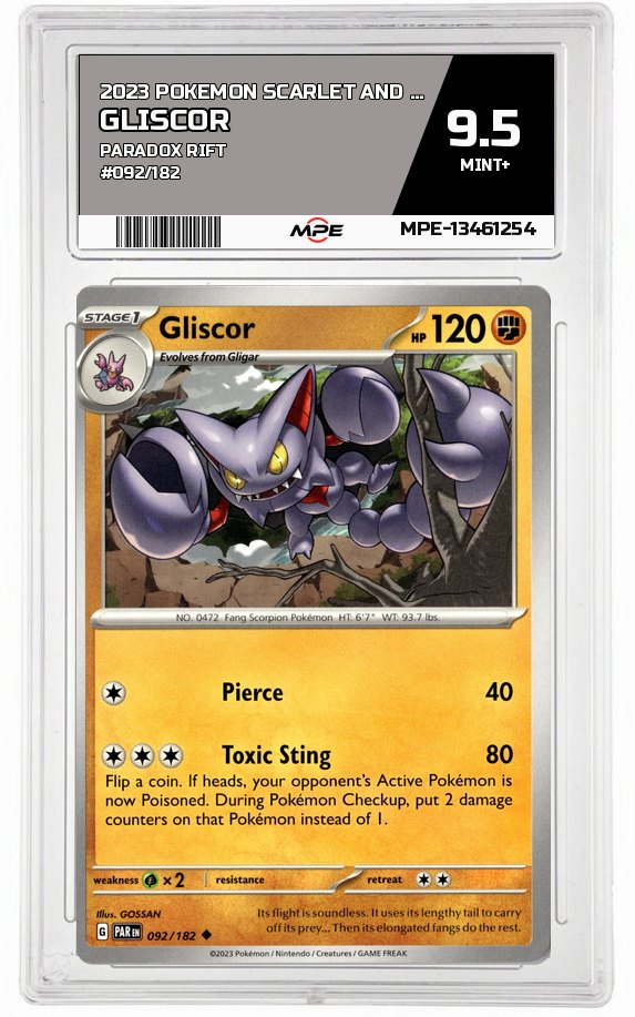 2023 POKEMON SCARLET AND VIOLET PARADOX RIFT #092/182 Gliscor MPE 9.5 MINT+ — graded card auctioned from the MPE vault