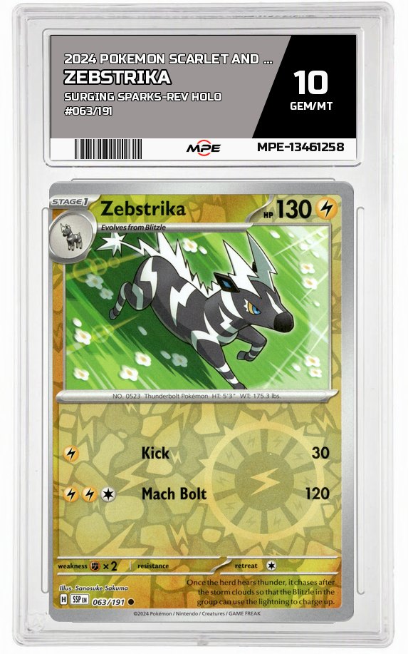 2024 POKEMON SCARLET AND VIOLET SURGING SPARKS-REV HOLO #063/191 Zebstrika MPE 10 GEM/MT — graded card auctioned from the MPE vault