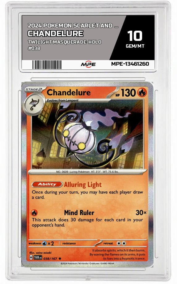 2024 POKEMON SCARLET AND VIOLET TWILIGHT MASQUERADE-HOLO #038 CHANDELURE MPE 10 GEM/MT — graded card auctioned from the MPE vault
