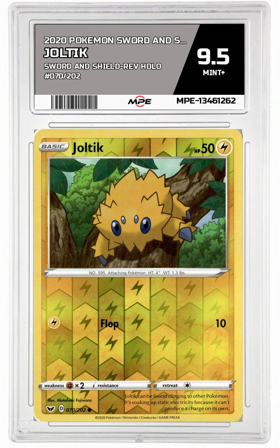 2020 POKEMON SWORD AND SHIELD SWORD AND SHIELD-REV HOLO #070/202 Joltik MPE 9.5 MINT+ — graded card auctioned from the MPE vault
