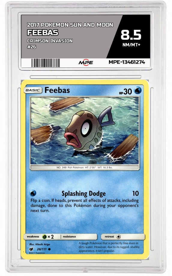 2017 POKEMON SUN AND MOON CRIMSON INVASION #26 FEEBAS MPE 8.5 NM/MT+ — graded card auctioned from the MPE vault