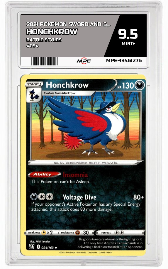 2021 POKEMON SWORD AND SHIELD BATTLE STYLES #094 HONCHKROW MPE 9.5 MINT+ — graded card auctioned from the MPE vault