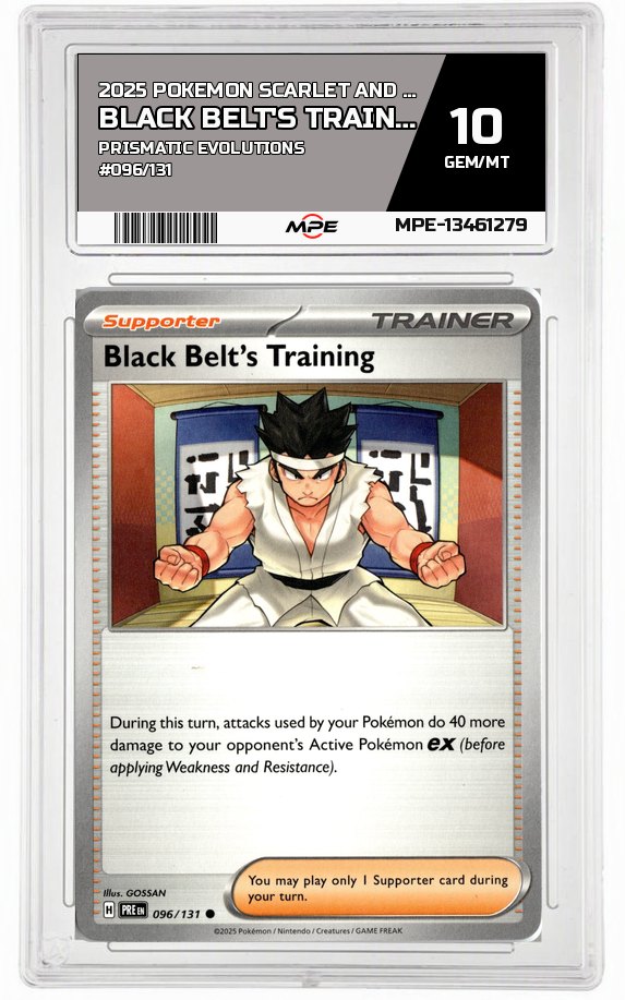 2025 POKEMON SCARLET AND VIOLET PRISMATIC EVOLUTIONS #096/131 Black Belt's Training MPE 10 GEM/MT — graded card auctioned from the MPE vault
