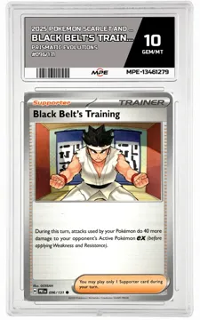 2025 POKEMON SCARLET AND VIOLET PRISMATIC EVOLUTIONS #096/131 Black Belt's Training MPE 10 GEM/MT — graded card up for auction