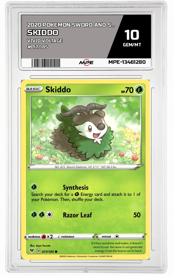 2020 POKEMON SWORD AND SHIELD VIVID VOLTAGE #017/185 Skiddo MPE 10 GEM/MT — graded card auctioned from the MPE vault