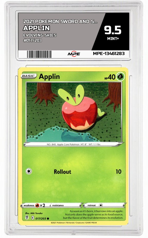 2021 POKEMON SWORD AND SHIELD EVOLVING SKIES #017/203 Applin MPE 9.5 MINT+ — graded card auctioned from the MPE vault