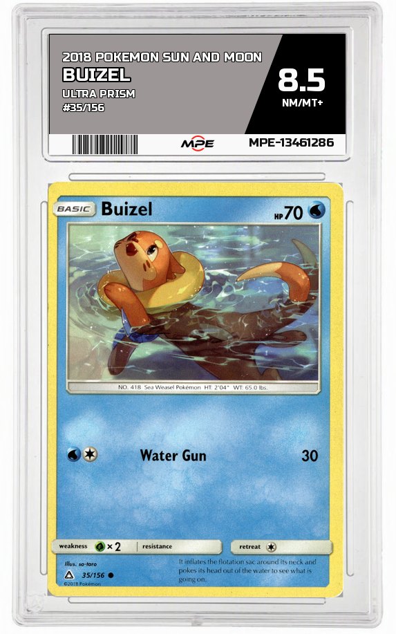 2018 POKEMON SUN AND MOON ULTRA PRISM #35/156 Buizel MPE 8.5 NM/MT+ — graded card auctioned from the MPE vault