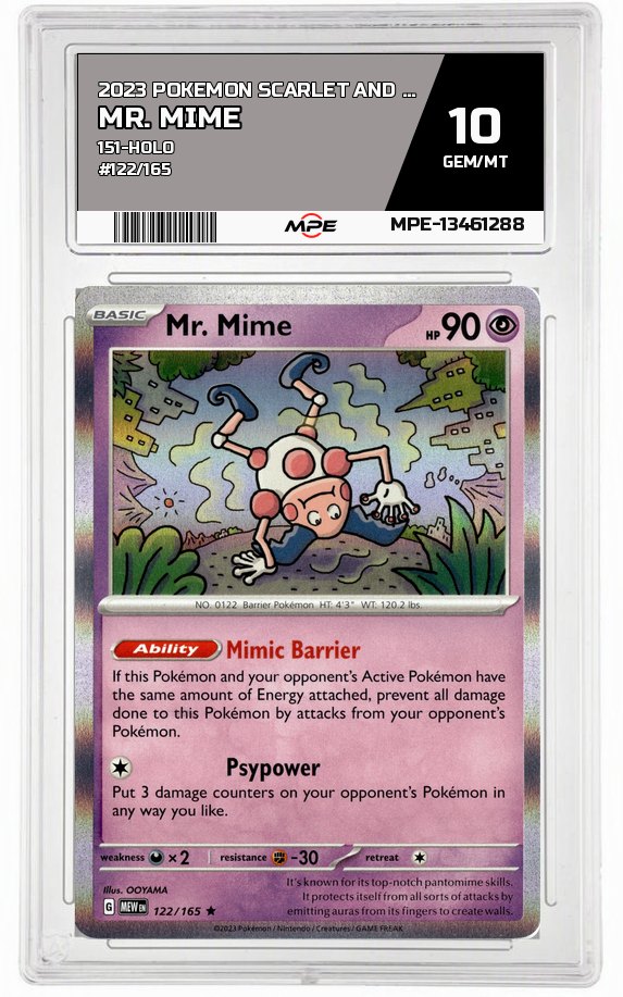 2023 POKEMON SCARLET AND VIOLET 151-HOLO #122/165 Mr. Mime MPE 10 GEM/MT — graded card auctioned from the MPE vault