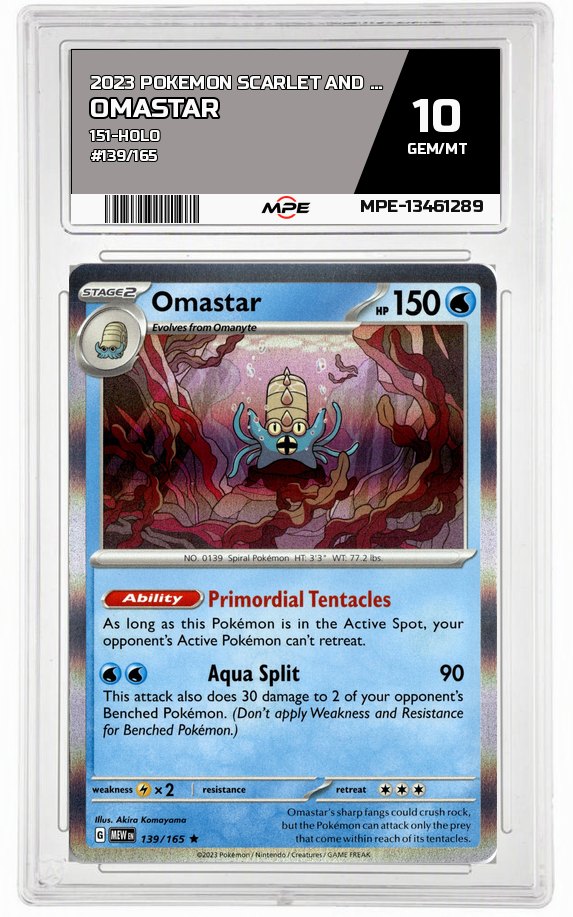 2023 POKEMON SCARLET AND VIOLET 151-HOLO #139/165 Omastar MPE 10 GEM/MT — graded card auctioned from the MPE vault